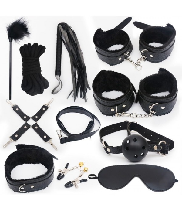 BDSM Bondage Kit Sex Toys 7 Pcs Sex Bondage Set for Handcuffs, Ankle, Cuffs, Clamps, Ball Gag, Blindfold, Rope, Leather, Restraints Set BDSM Kit for Couples (Black-7PCS)