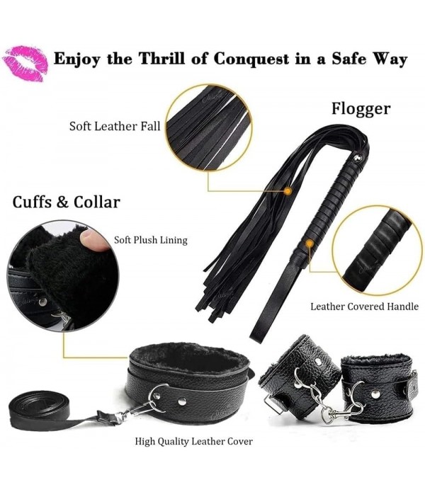 BDSM Bondage Kit Sex Toys 7 Pcs Sex Bondage Set for Handcuffs, Ankle, Cuffs, Clamps, Ball Gag, Blindfold, Rope, Leather, Restraints Set BDSM Kit for Couples (Black-7PCS)