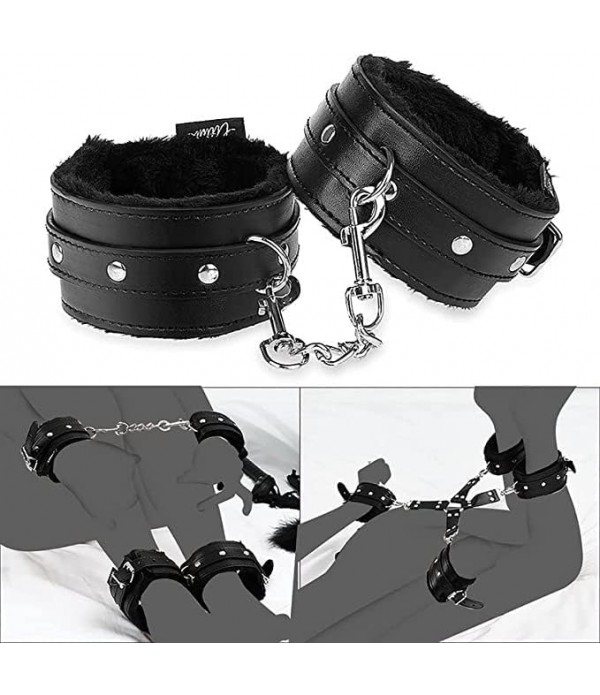 BDSM Bondage Kit Sex Toys 7 Pcs Sex Bondage Set for Handcuffs, Ankle, Cuffs, Clamps, Ball Gag, Blindfold, Rope, Leather, Restraints Set BDSM Kit for Couples (Black-7PCS)