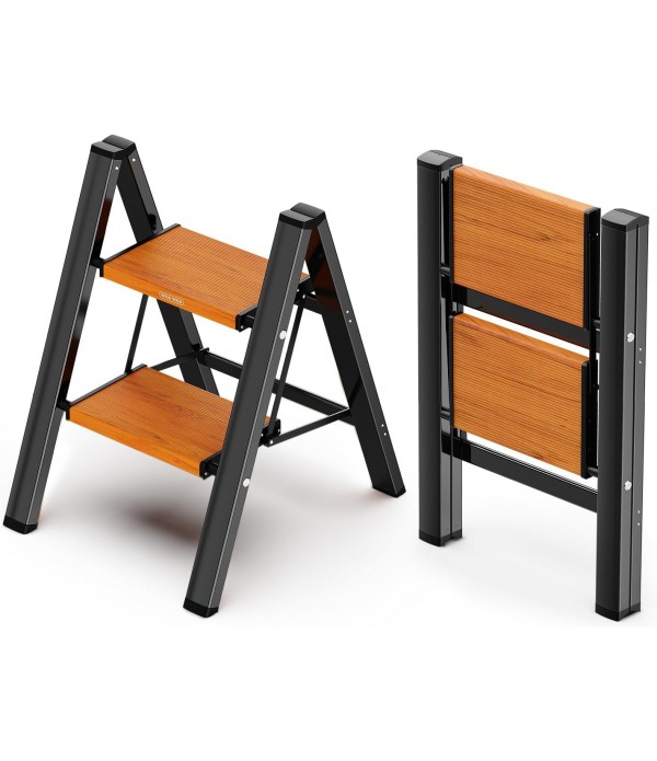 2 Step Stool Black & Wood Grain | Reach 8 Feet...