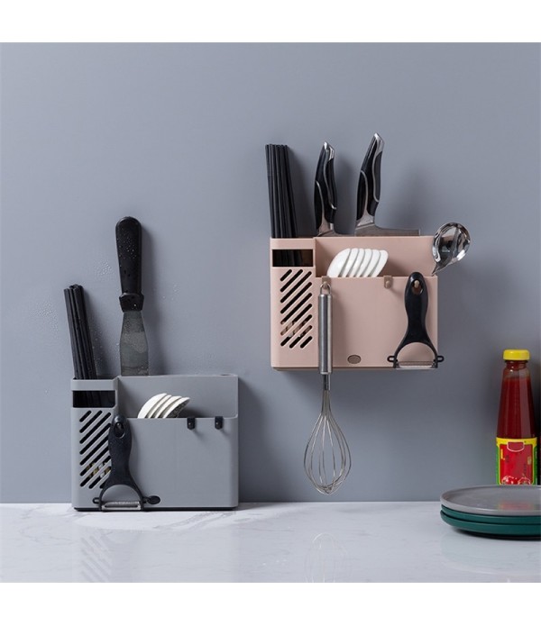 Chopsticks Basket Rack Wall-Mounted Chopstick Cage Household Multifunctional Spoon Knife Holder Integrated CStorage Box(Gray)