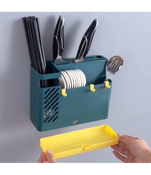 Chopsticks Basket Rack Wall-Mounted Chopstick Cage Household Multifunctional Spoon Knife Holder Integrated CStorage Box(Gray)